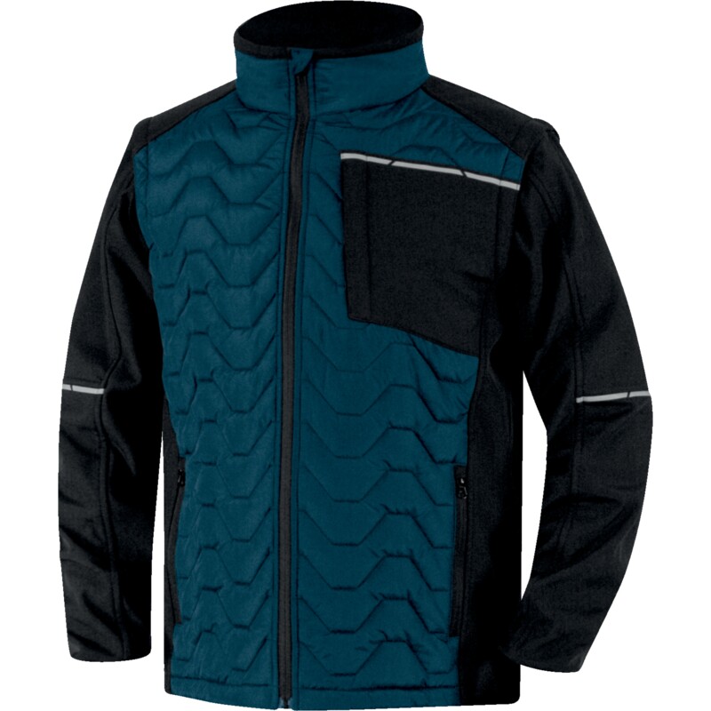 Hybridná bunda 2 v 1 : prešívaný trup pre zabezpečenie tepla, odnímateľné vodoodolné softshell rukávy pre väčšiu voľnosť pohybu